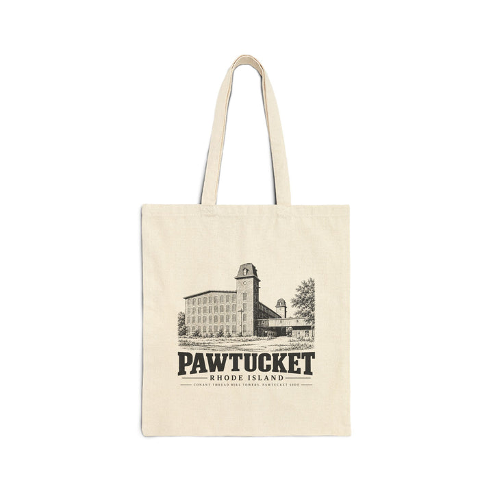 Pawtucket Conant Thread Mill Towers art on Natural heavy canvas tote, front view