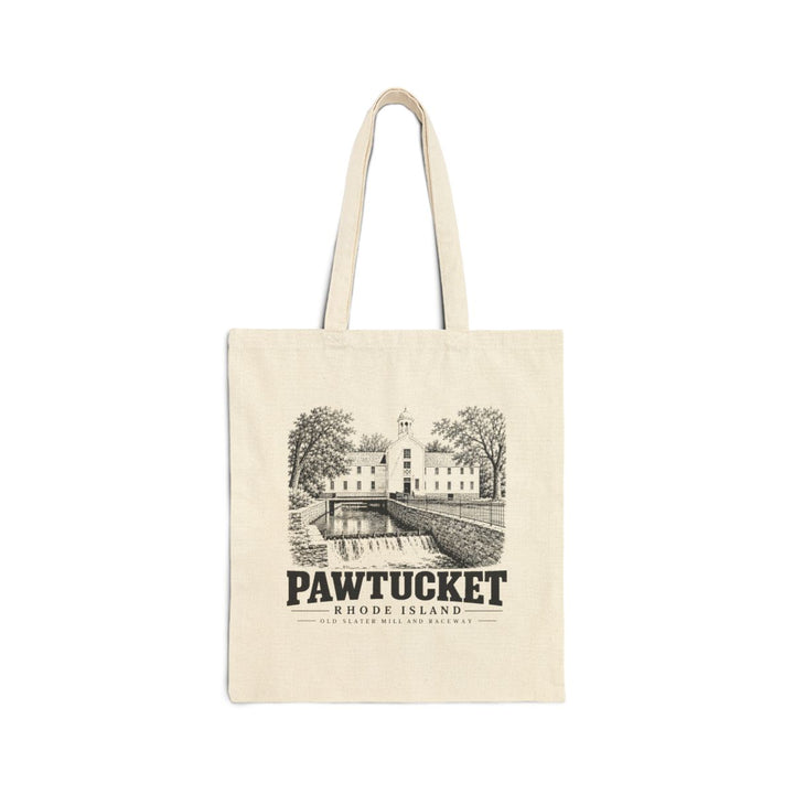 Pawtucket Old Slater Mill and Raceway on Natural heavy canvas tote, front view