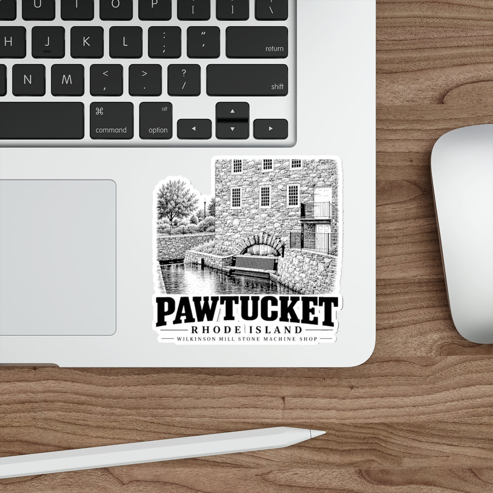 Pawtucket Wilkinson Mill Stone Machine Shop 4 in die-cut sticker, laptop view