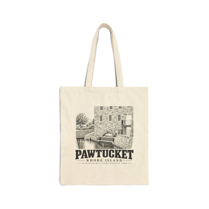 Pawtucket Wilkinson Mill Stone Machine Shop on Natural heavy canvas tote, front view