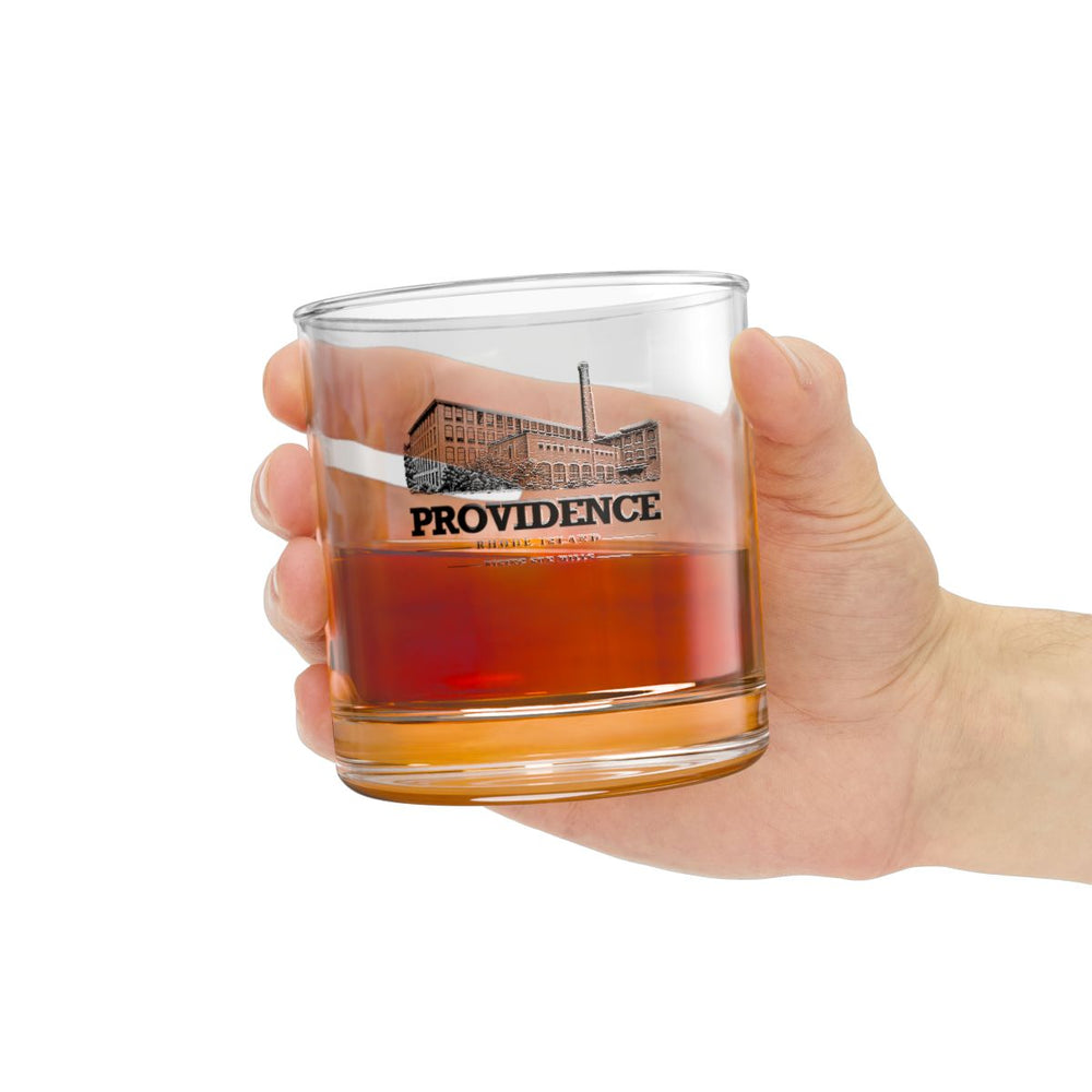 Providence Rising Sun Mills on clear 10 oz rocks glass, held view