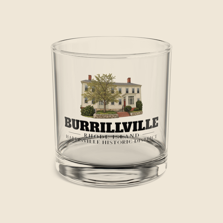 Burrillville Harrisville Historic District rocks glass with colored engraving, shown on a cream background