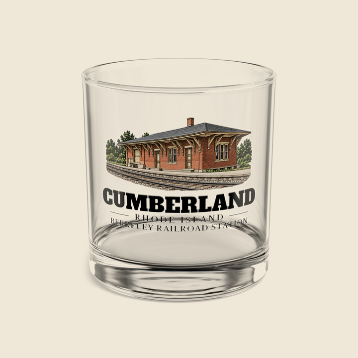Cumberland Berkeley Railroad Station rocks glass with colored engraving, shown on a cream background