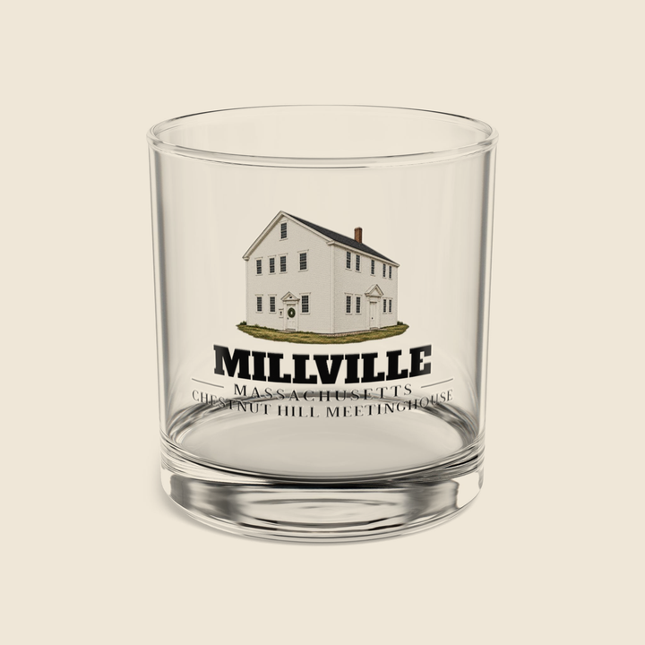 Millville Chestnut Hill Meetinghouse rocks glass with colored engraving, shown on a cream background