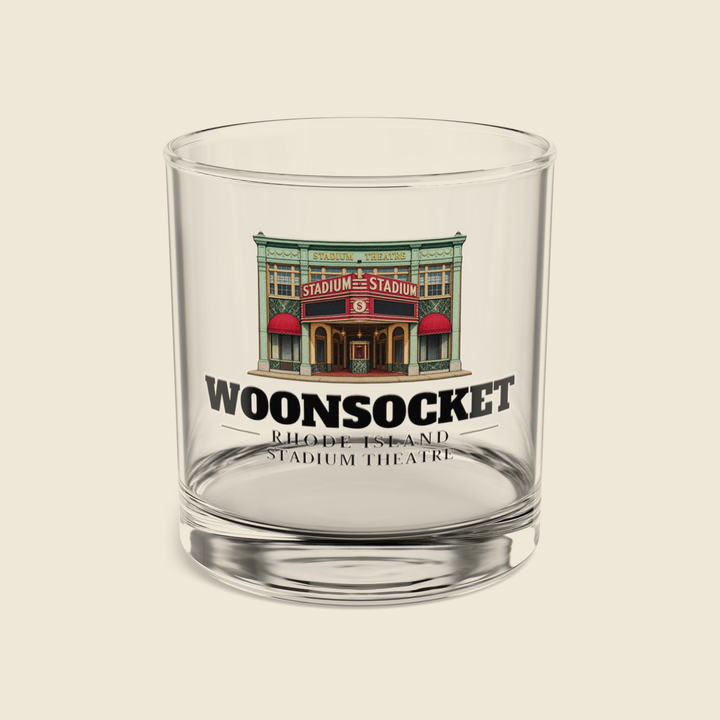 Woonsocket Stadium Theatre rocks glass with colored engraving, shown on a cream background