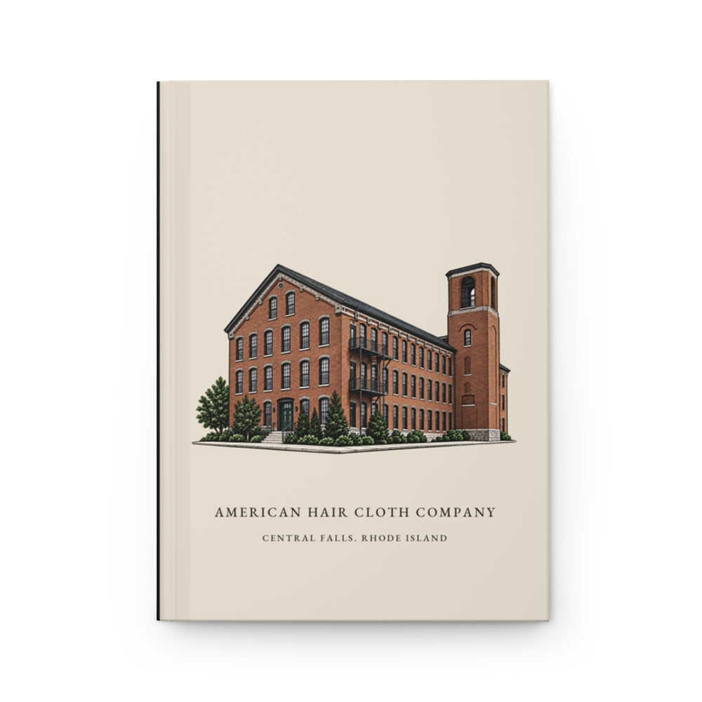 Central Falls American Hair Cloth Company journal mockup showing the illustrated cover