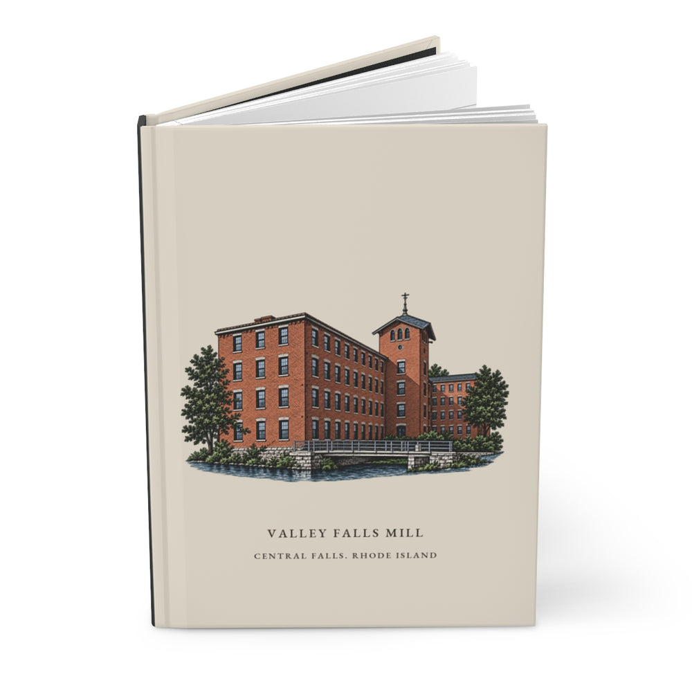 Central Falls Valley Falls Mill journal mockup showing the illustrated cover