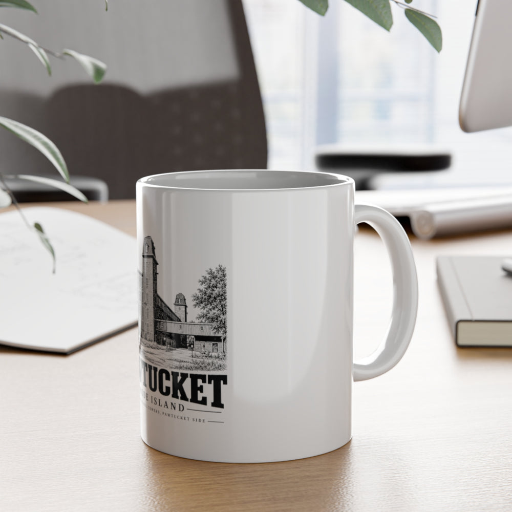 Pawtucket Conant Thread Mill Towers, Pawtucket Side — White 11-ounce ceramic mug, on desk with handle visible.