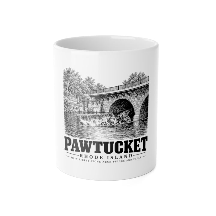 Pawtucket Main Street Stone-Arch Bridge and Falls — White 11-ounce ceramic mug, front on white background.