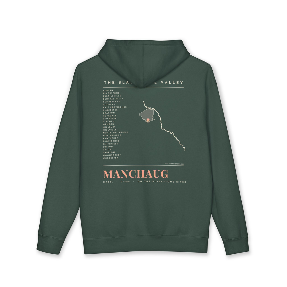 Manchaug River Map Hoodie in Alpine Green, back