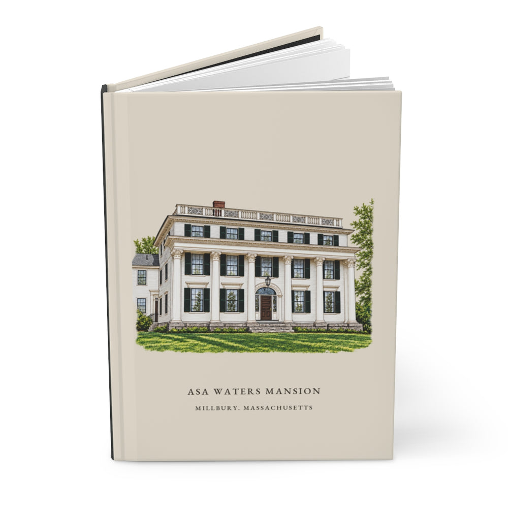 Millbury Asa Waters Mansion journal mockup showing the illustrated cover