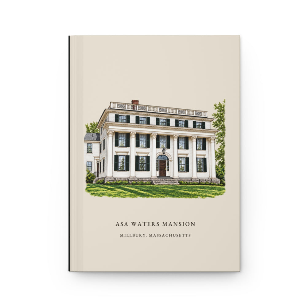 Millbury Asa Waters Mansion journal mockup showing the illustrated cover