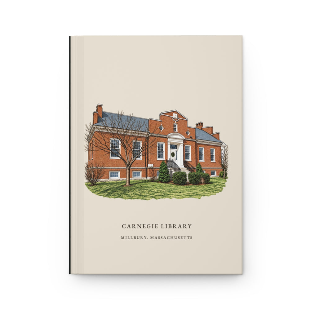 Millbury Carnegie Library journal mockup showing the illustrated cover