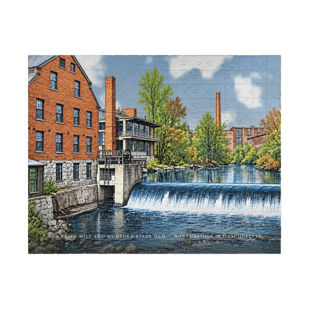 Northbridge Old Brick Mill and Mumford River Dam 252-Piece Jigsaw Puzzle - assembled