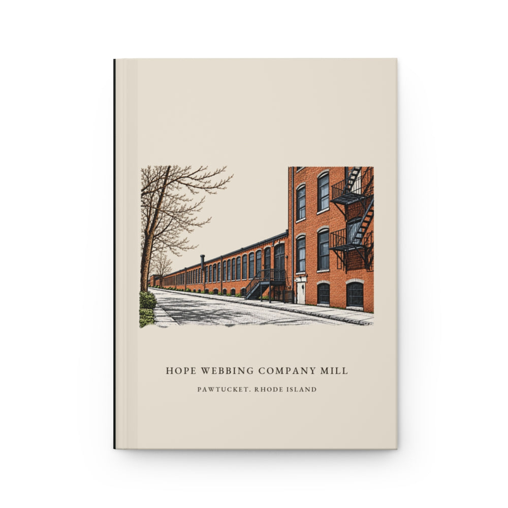 Pawtucket Hope Webbing Company Mill journal mockup showing the illustrated cover