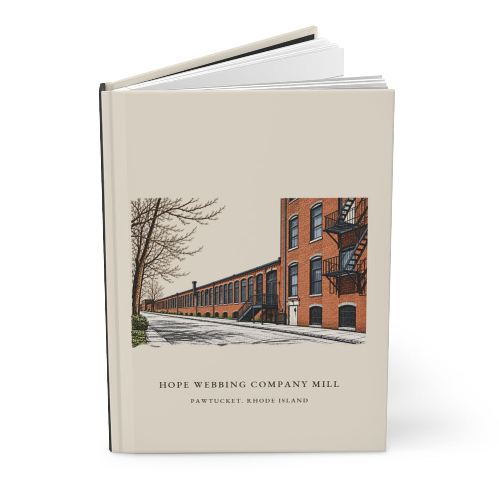 Pawtucket Hope Webbing Company Mill journal mockup showing the illustrated cover
