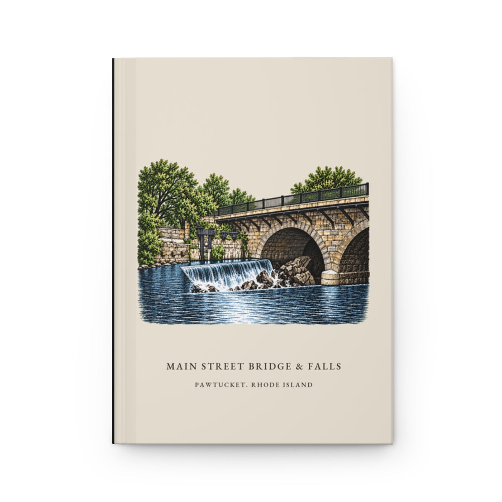 Pawtucket Main Street Stone-Arch Bridge and Falls journal mockup showing the illustrated cover