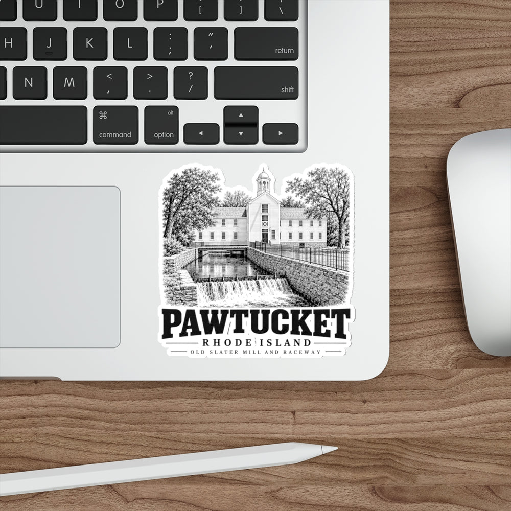 Old Slater Mill and Raceway, Pawtucket — 4-inch die-cut sticker, on laptop.