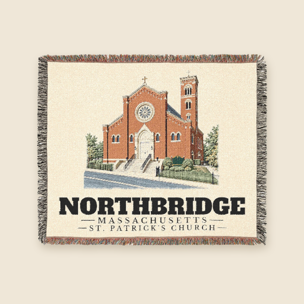 St. Patrick's Church — Northbridge, Massachusetts Woven Blanket woven blanket shown flat with fringe on a cream background
