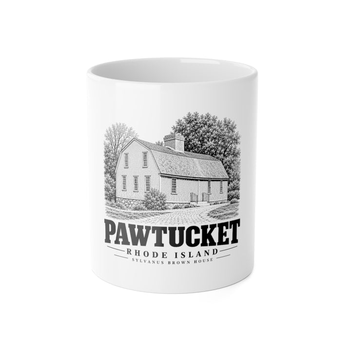Pawtucket Sylvanus Brown House — White 11-ounce ceramic mug, front on white background.