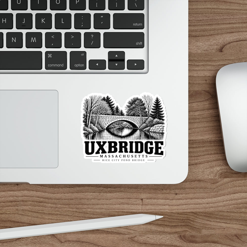 Uxbridge Rice City Pond Bridge 4 in Die-Cut Sticker shown in use