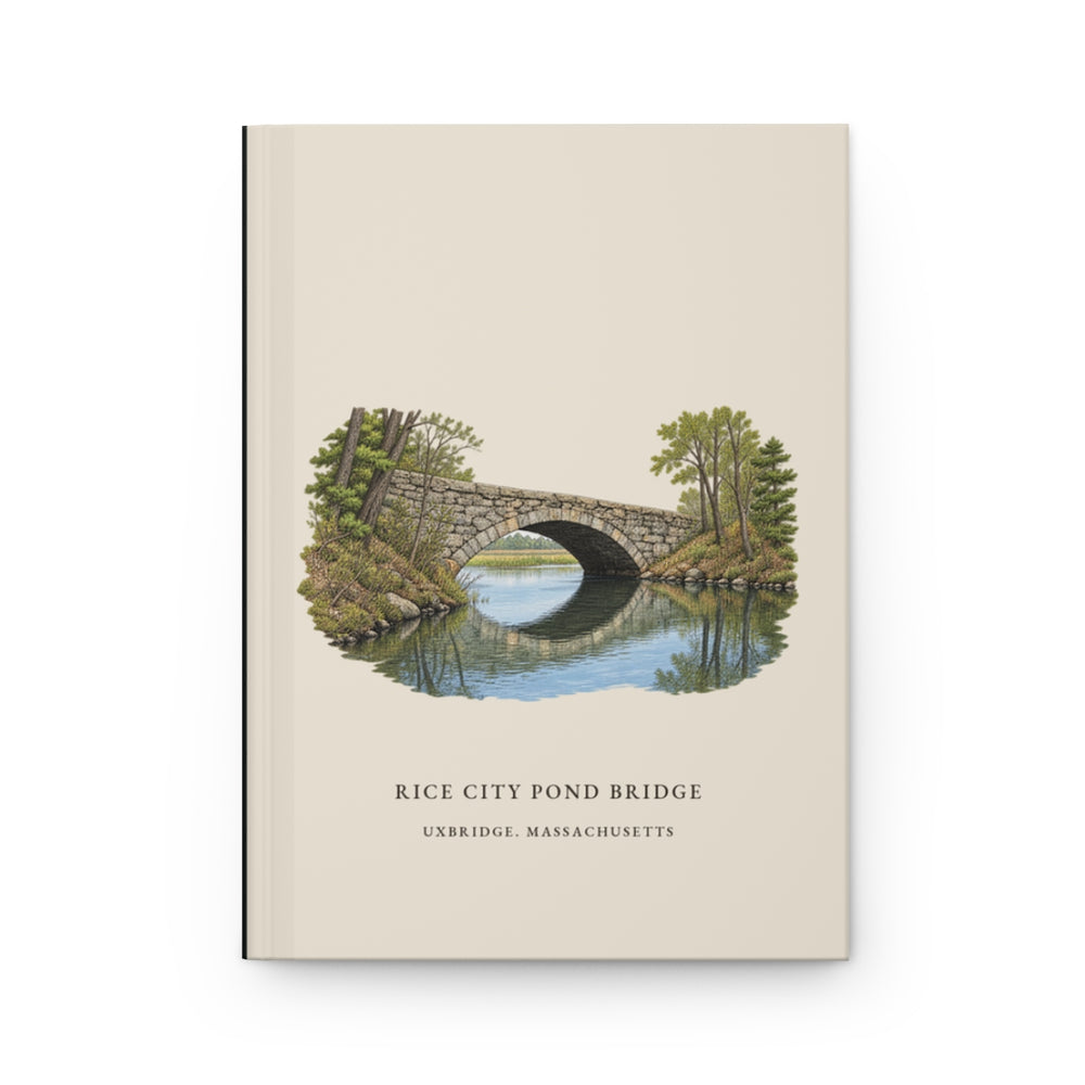 Uxbridge Rice City Pond Bridge journal mockup showing the illustrated cover