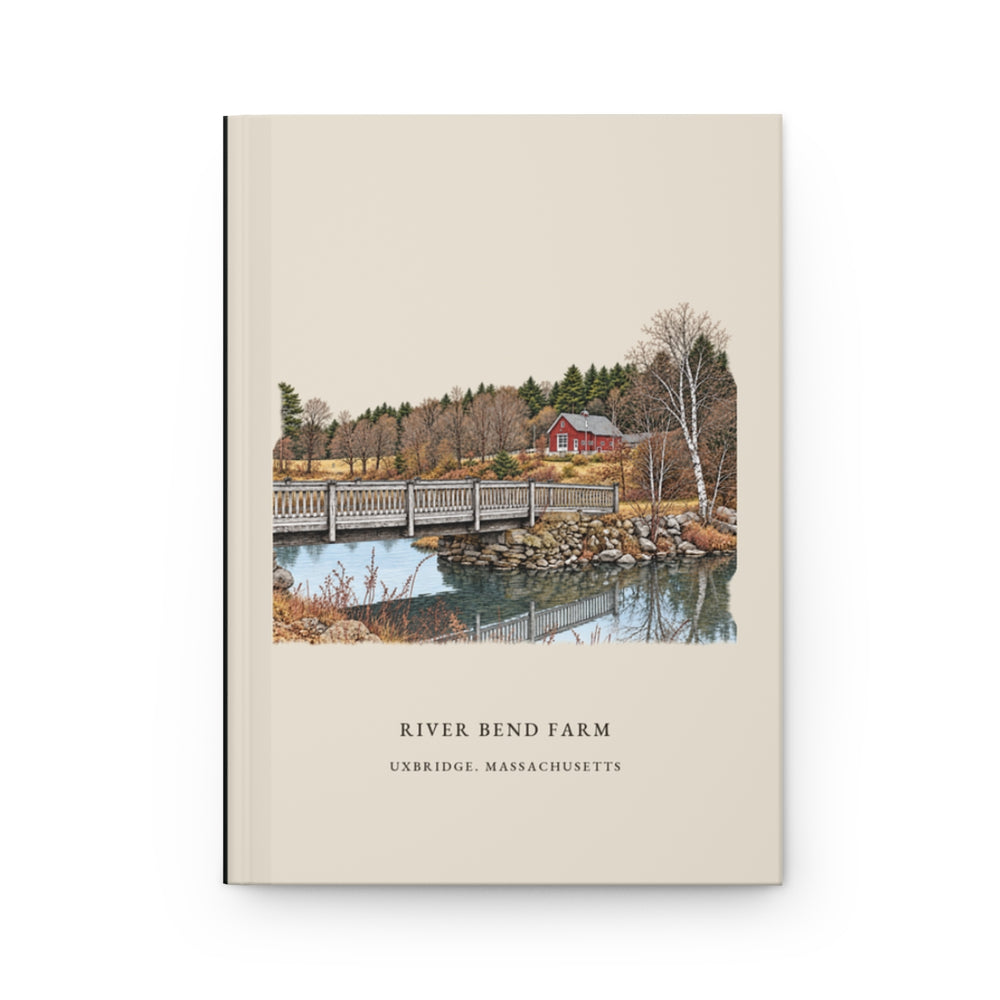 Uxbridge River Bend Farm journal mockup showing the illustrated cover