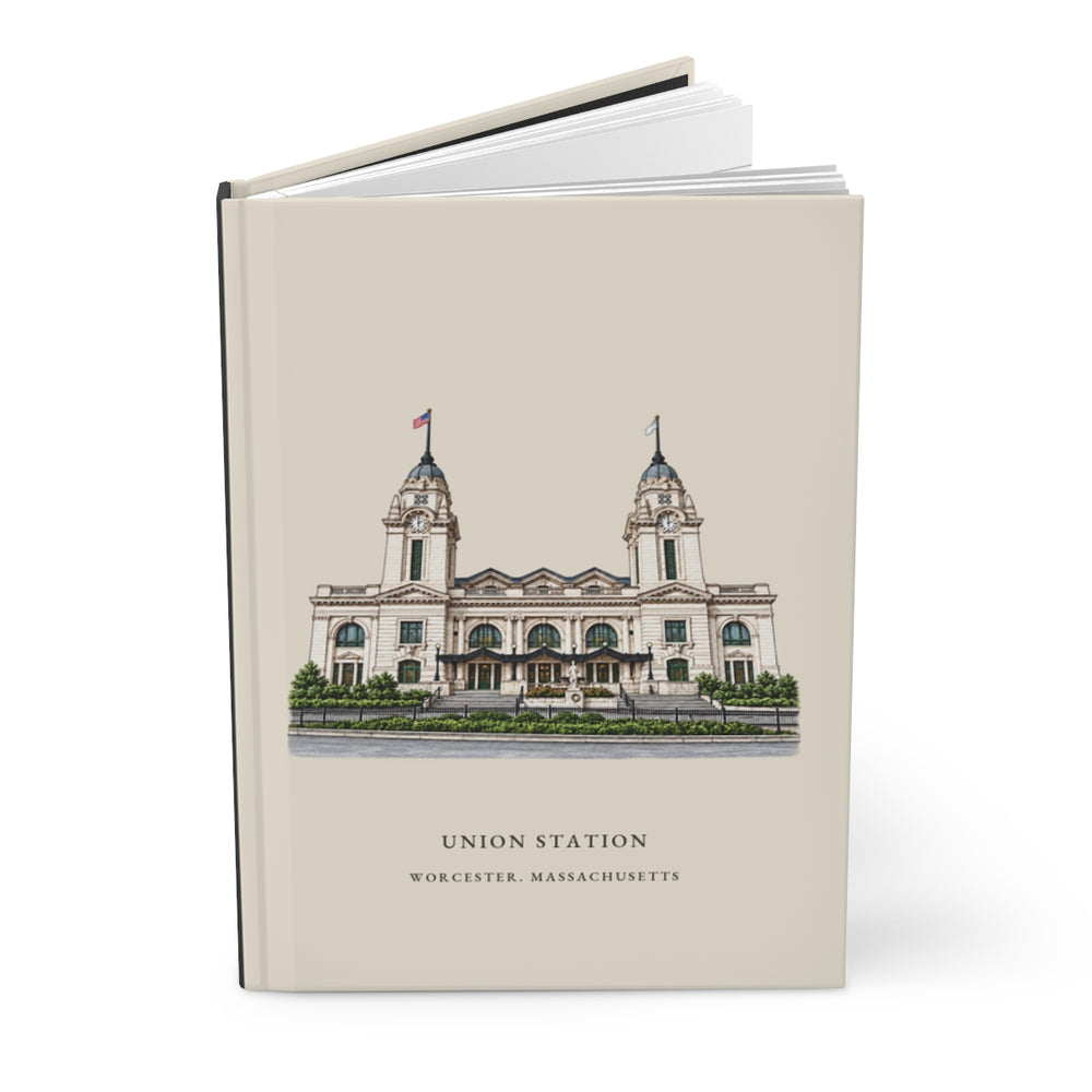 Worcester Union Station journal mockup showing the illustrated cover