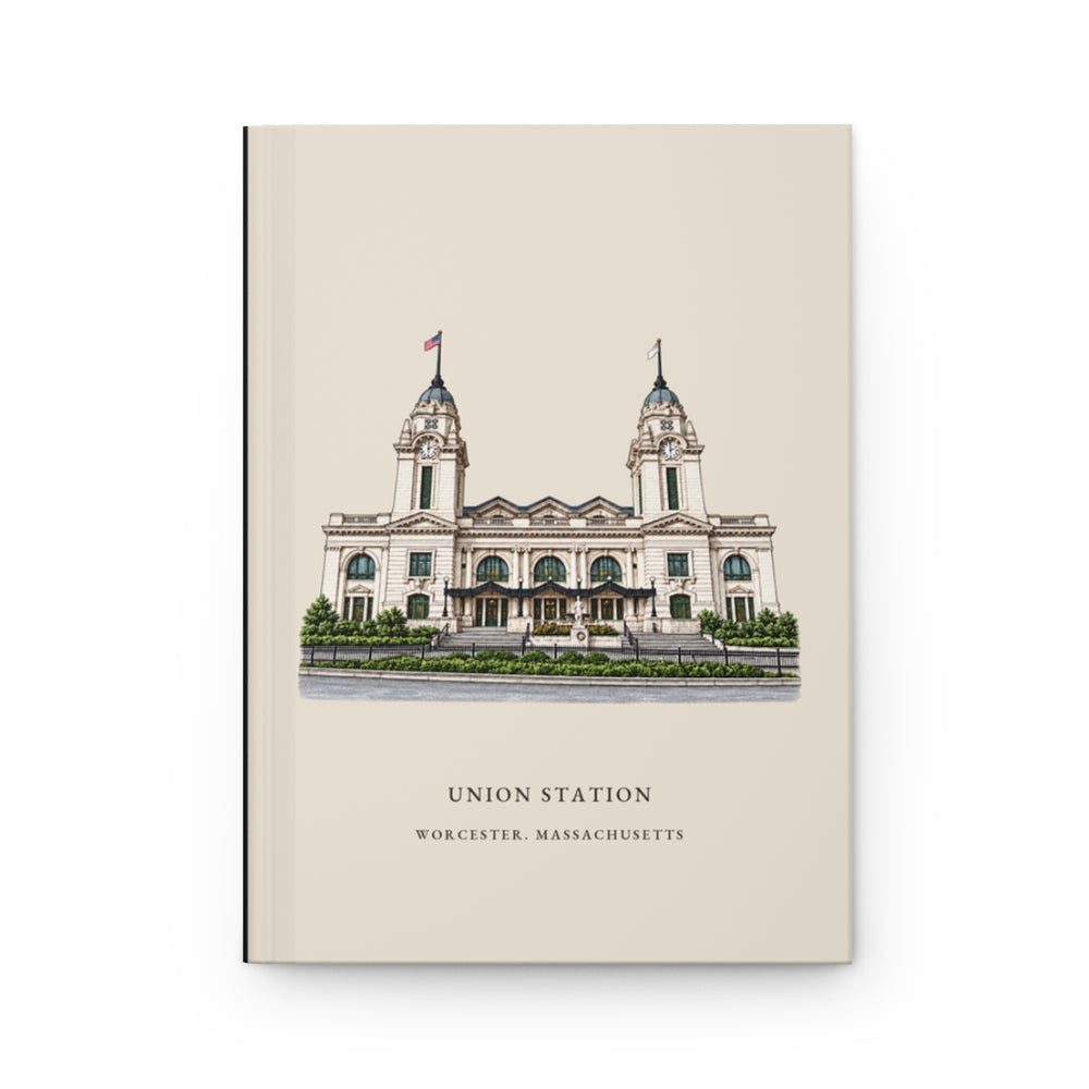 Worcester Union Station journal mockup showing the illustrated cover