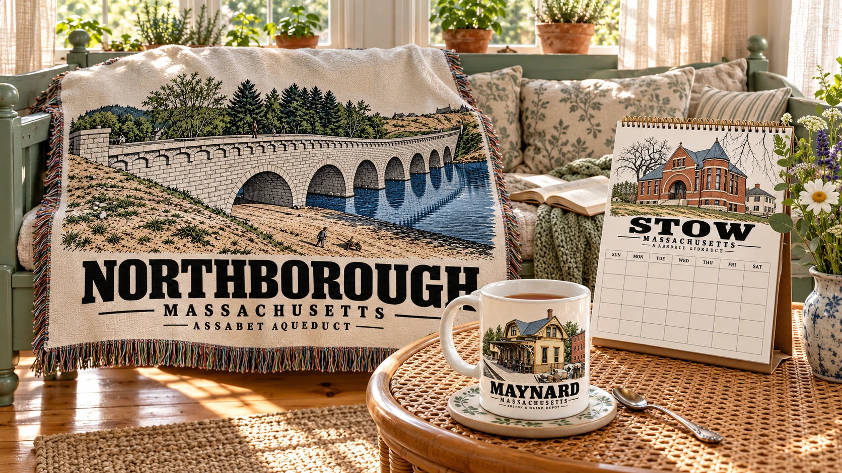 Warm lived-in Assabet Valley Goods room with three distinct approved full-color artworks: Northborough · Assabet Aqueduct blanket, Stow · Randall Library calendar and Maynard · Boston & Maine Depot mug. Proposed merchandising concepts.