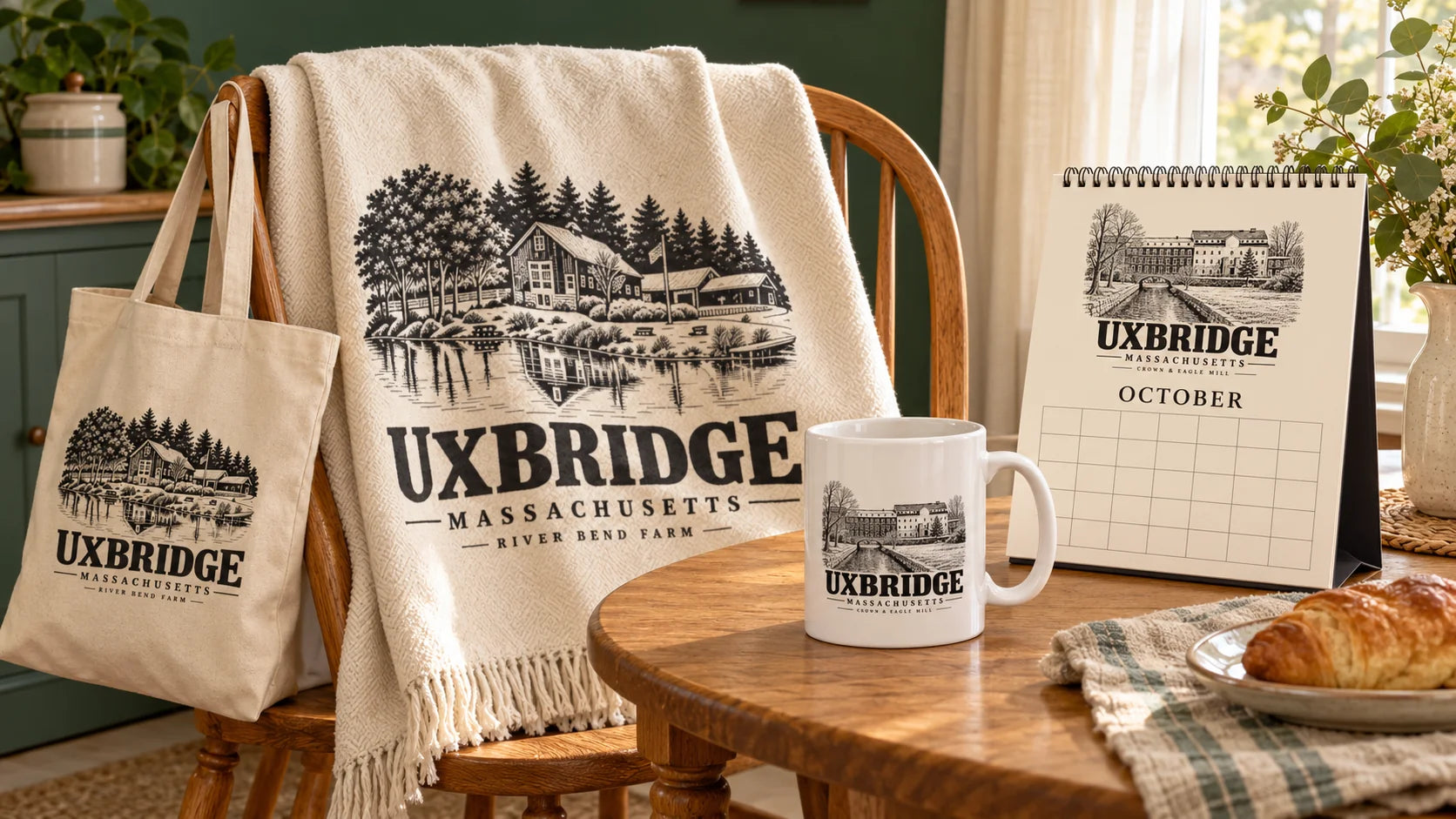 Illustrative Uxbridge room scene: River Bend Farm blanket and tote, Crown and Eagle Mill calendar and mug.