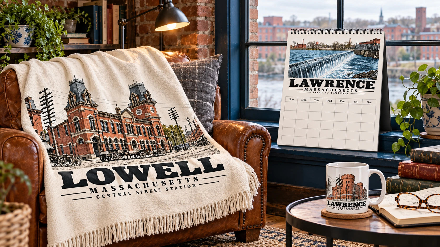 Warm lived-in Merrimack Valley Goods room with three distinct approved full-color artworks: Lowell · Central Street Station blanket, Lawrence · Falls at Lawrence calendar and Lawrence · State Armory mug. Proposed merchandising concepts.
