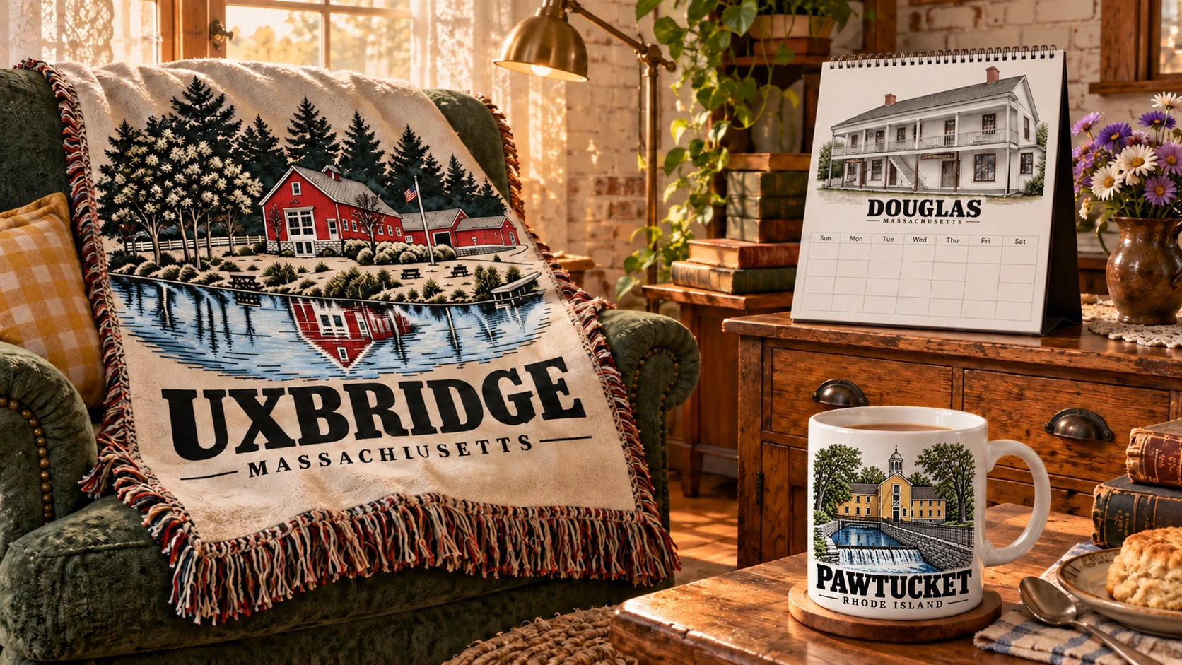 Warm lived-in Blackstone Valley Goods room with three distinct approved full-color artworks: Uxbridge · River Bend Farm blanket, Douglas · E. N. Jenckes Store calendar and Pawtucket · Old Slater Mill and Raceway mug. Proposed merchandising concepts.