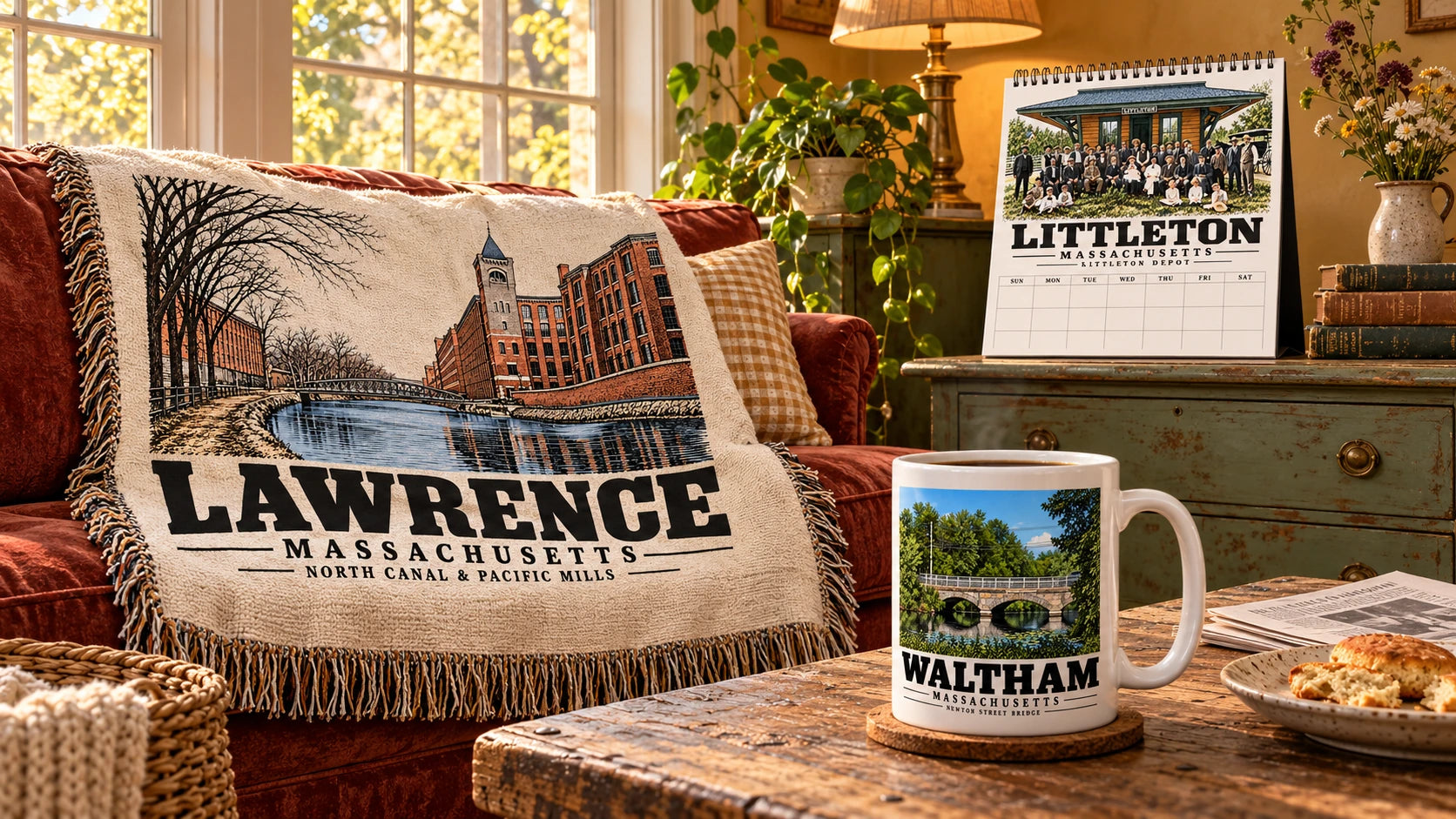 Warm lived-in Familiar History room with three distinct approved full-color artworks: Lawrence · North Canal & Pacific Mills blanket, Littleton · Littleton Depot calendar and Waltham · Newton Street Bridge mug. Proposed merchandising concepts.