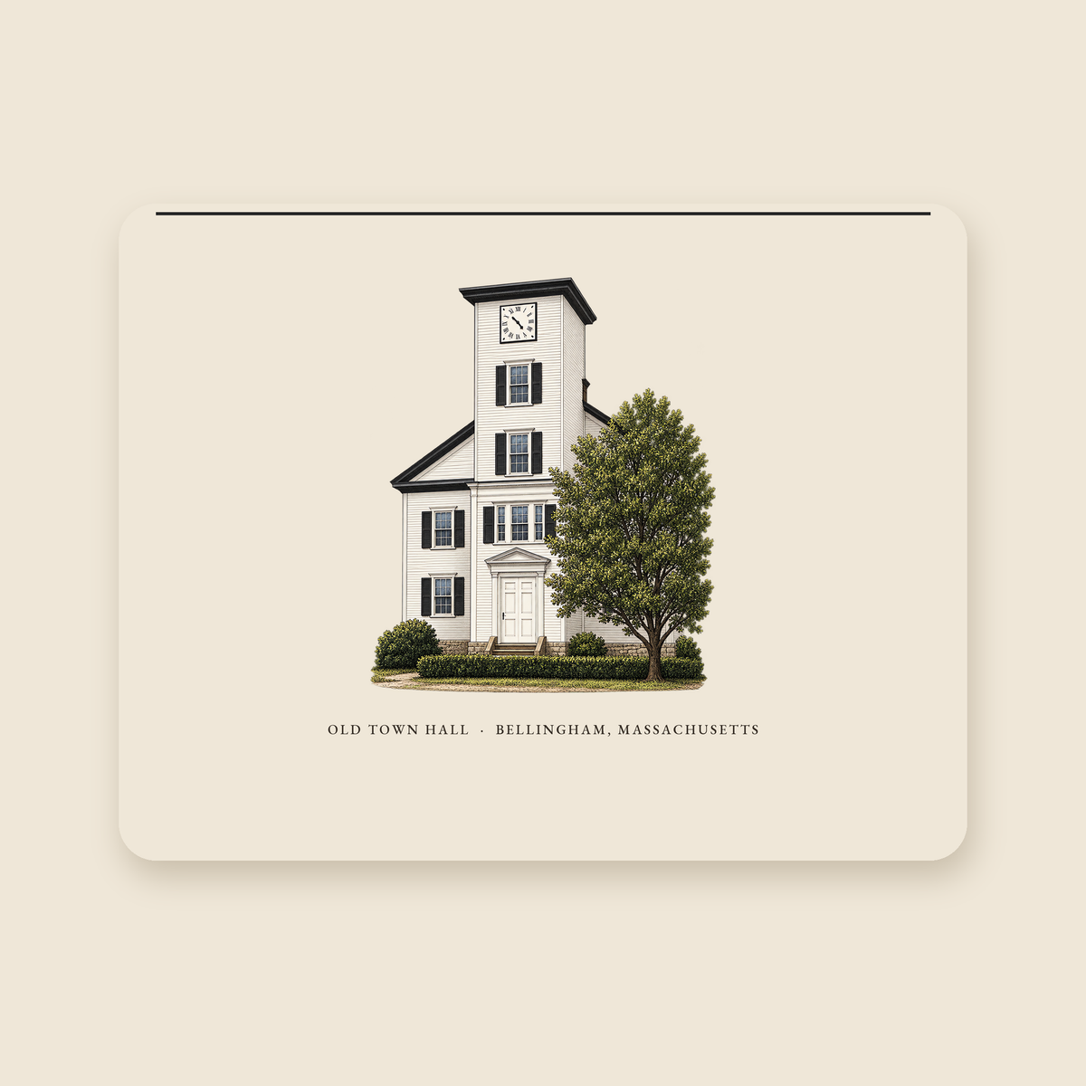 Bellingham Old Town Hall illustrated laptop sleeve with the caption OLD TOWN HALL · BELLINGHAM, MASSACHUSETTS, shown on a cream background