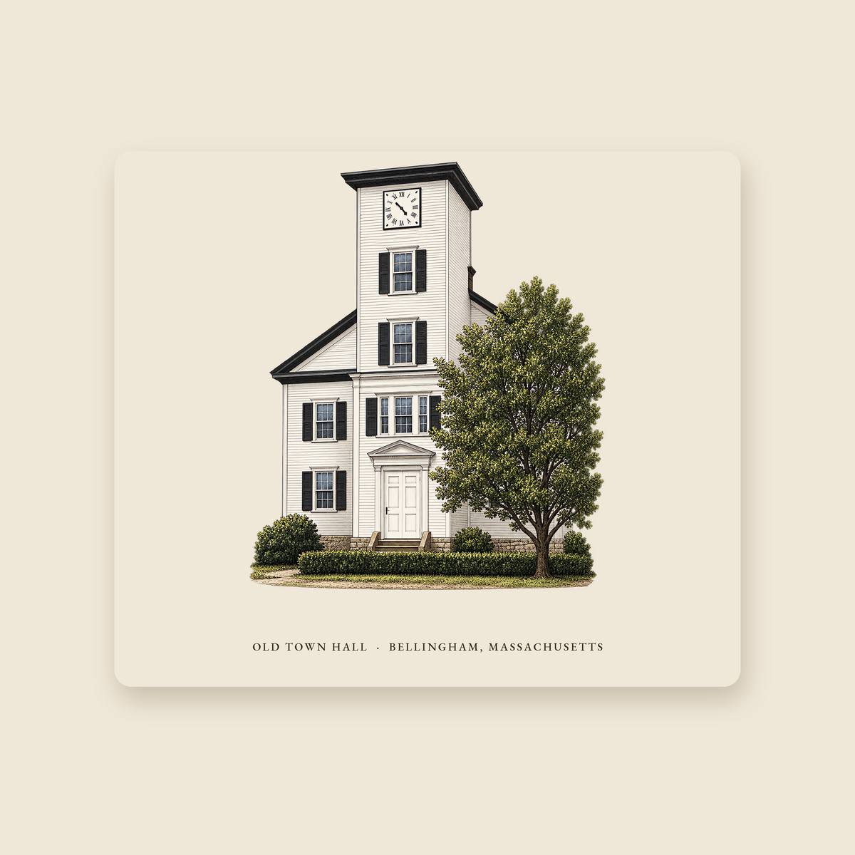 Bellingham Old Town Hall illustrated mouse pad with the caption OLD TOWN HALL · BELLINGHAM, MASSACHUSETTS, shown on a cream background
