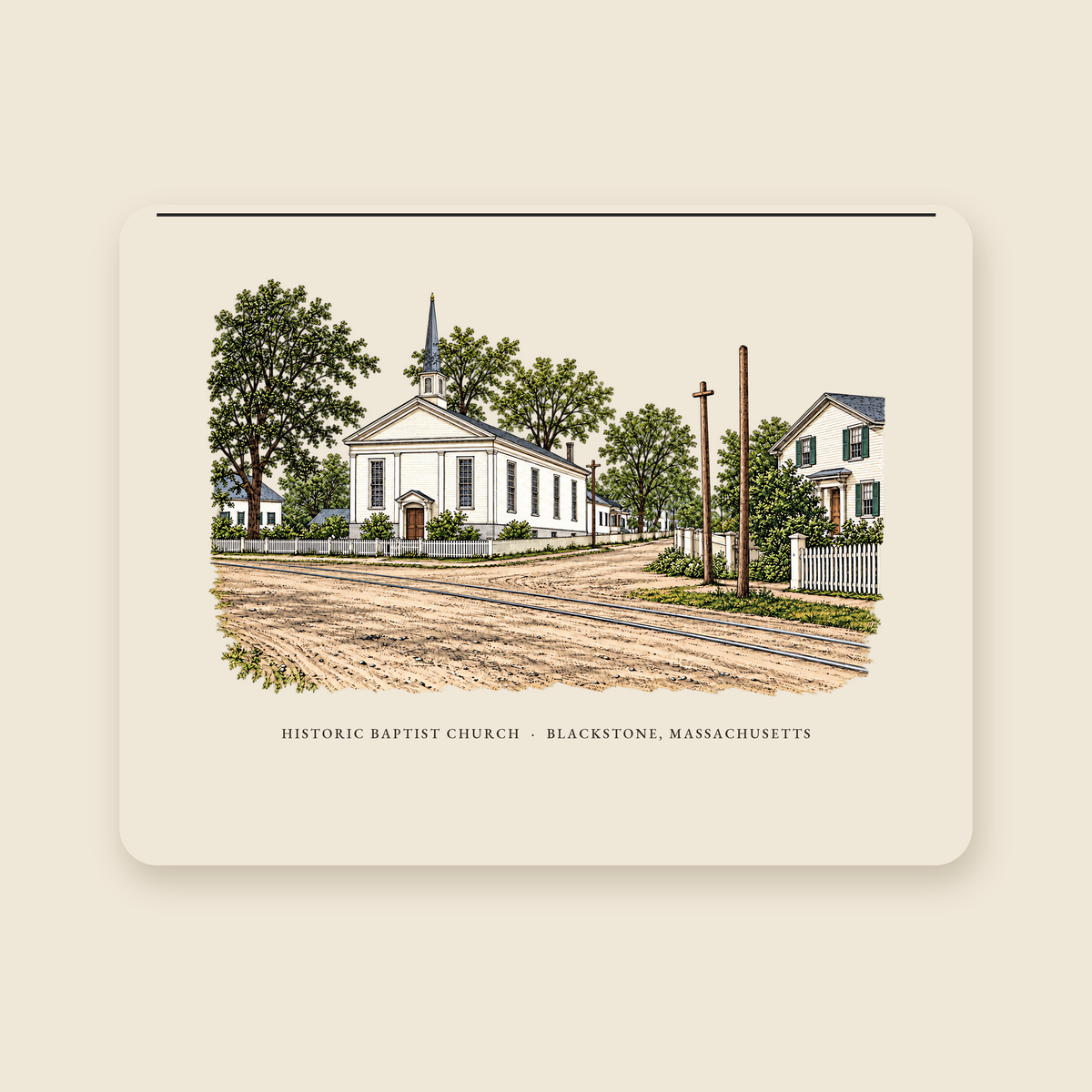 Blackstone Historic Baptist Church / Streetscape illustrated laptop sleeve with the caption HISTORIC BAPTIST CHURCH · BLACKSTONE, MASSACHUSETTS, shown on a cream background