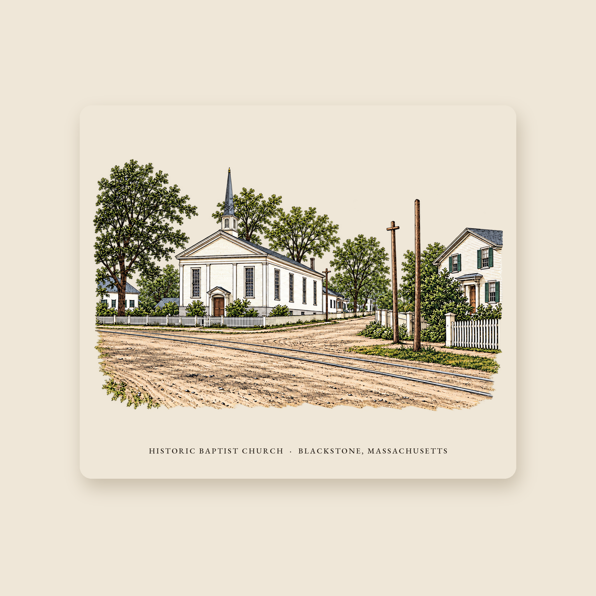 Blackstone Historic Baptist Church / Streetscape illustrated mouse pad with the caption HISTORIC BAPTIST CHURCH · BLACKSTONE, MASSACHUSETTS, shown on a cream background