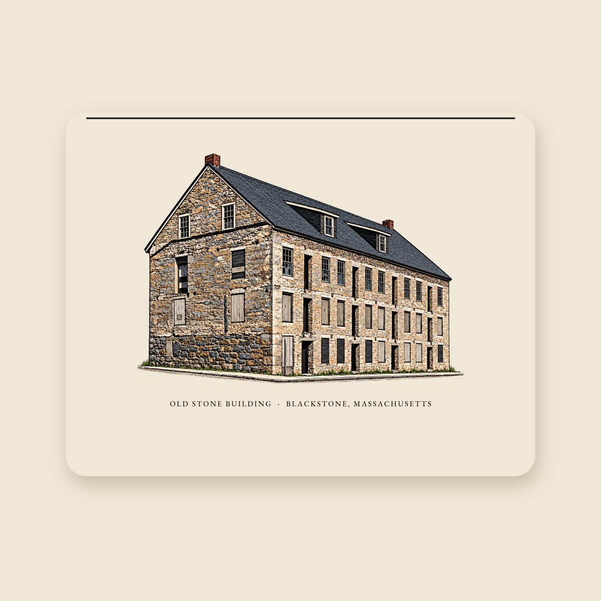 Blackstone Old Stone Building illustrated laptop sleeve with the caption OLD STONE BUILDING · BLACKSTONE, MASSACHUSETTS, shown on a cream background