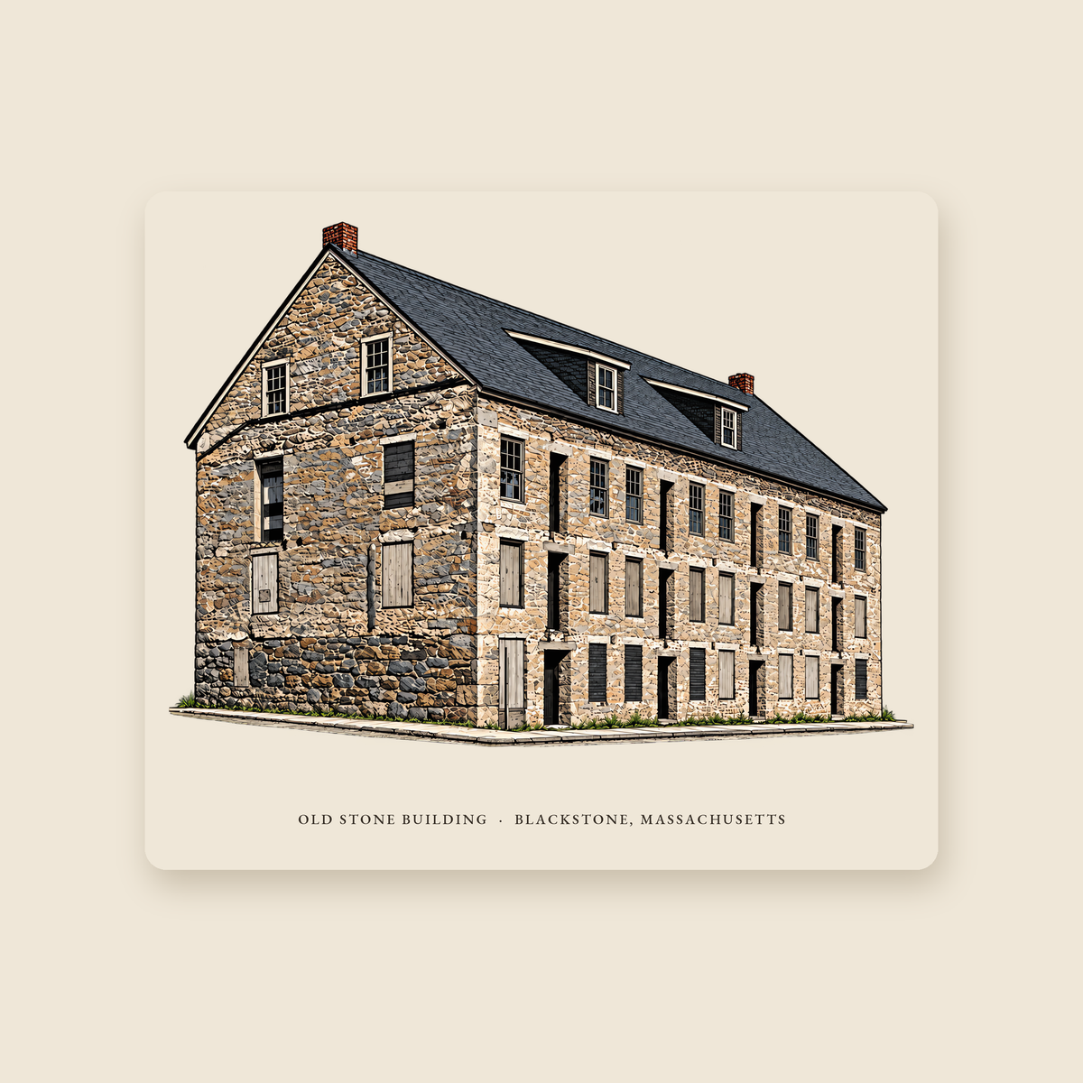 Blackstone Old Stone Building illustrated mouse pad with the caption OLD STONE BUILDING · BLACKSTONE, MASSACHUSETTS, shown on a cream background