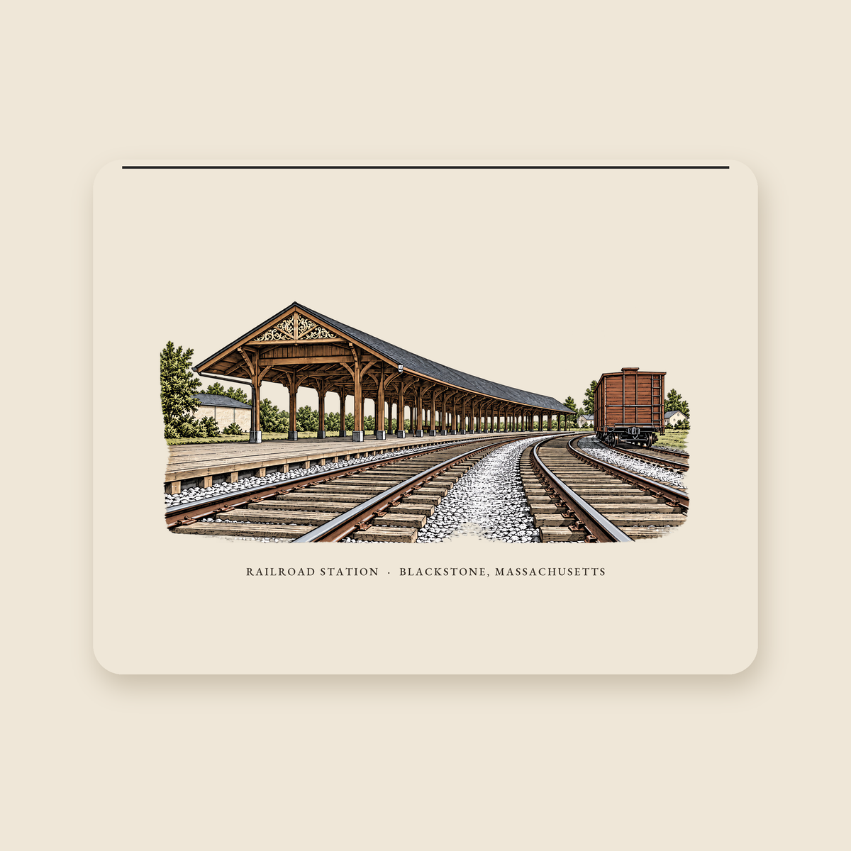 Blackstone Railroad Station illustrated laptop sleeve with the caption RAILROAD STATION · BLACKSTONE, MASSACHUSETTS, shown on a cream background