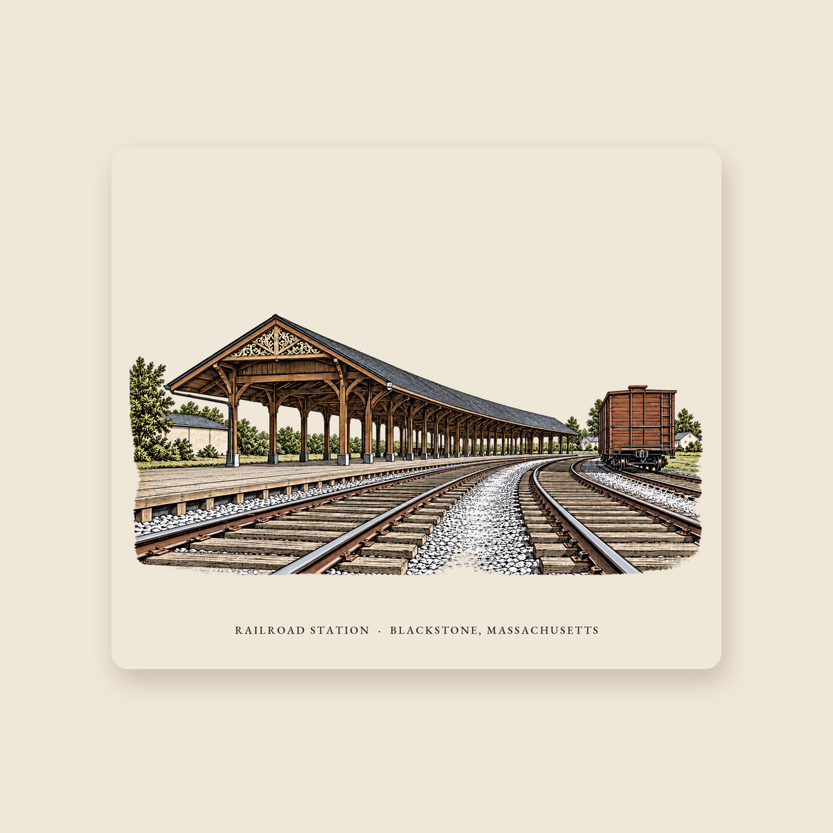 Blackstone Railroad Station illustrated mouse pad with the caption RAILROAD STATION · BLACKSTONE, MASSACHUSETTS, shown on a cream background