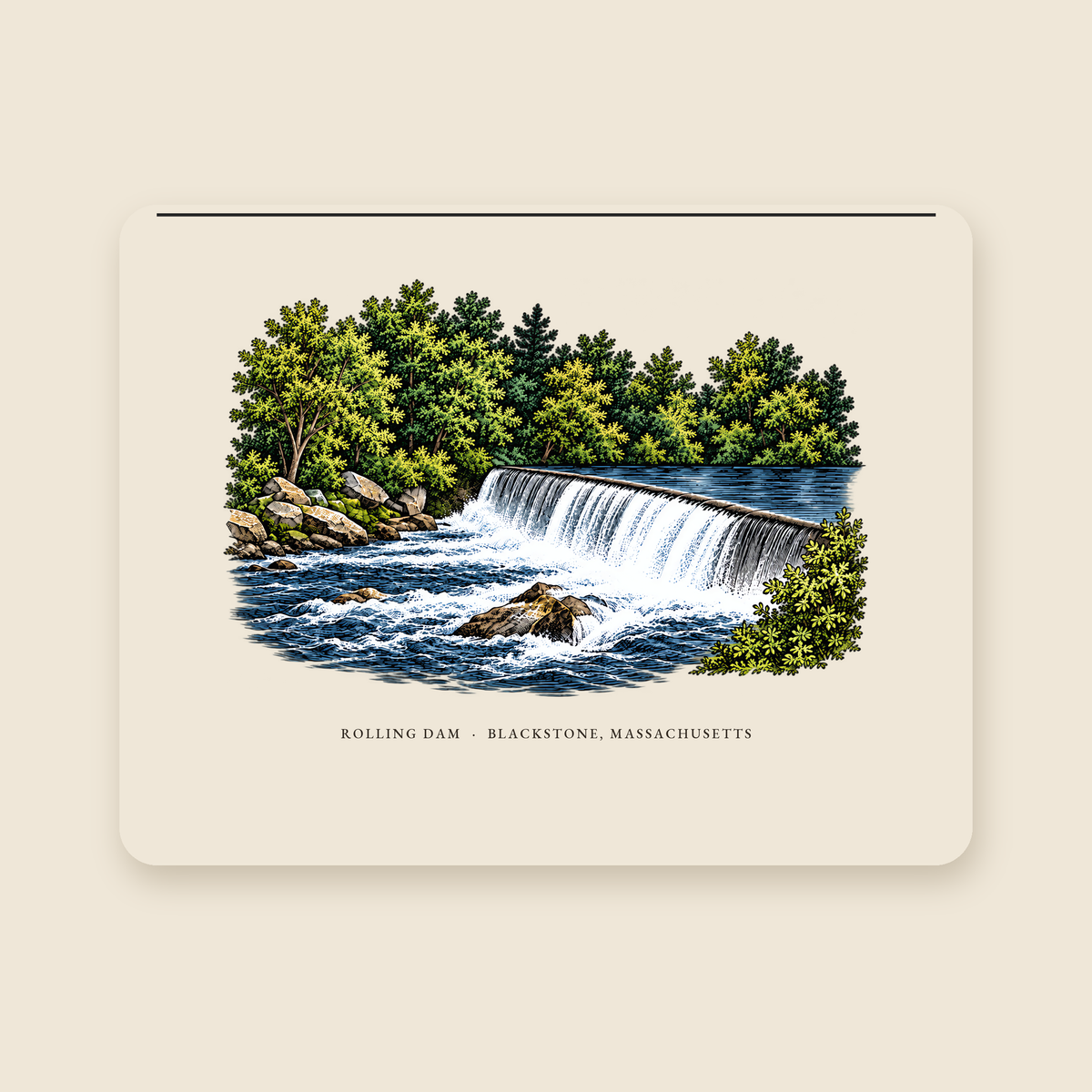 Blackstone Rolling Dam illustrated laptop sleeve with the caption ROLLING DAM · BLACKSTONE, MASSACHUSETTS, shown on a cream background