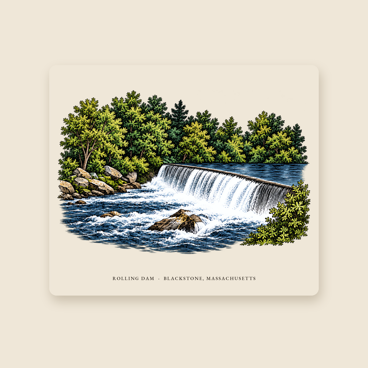 Blackstone Rolling Dam illustrated mouse pad with the caption ROLLING DAM · BLACKSTONE, MASSACHUSETTS, shown on a cream background