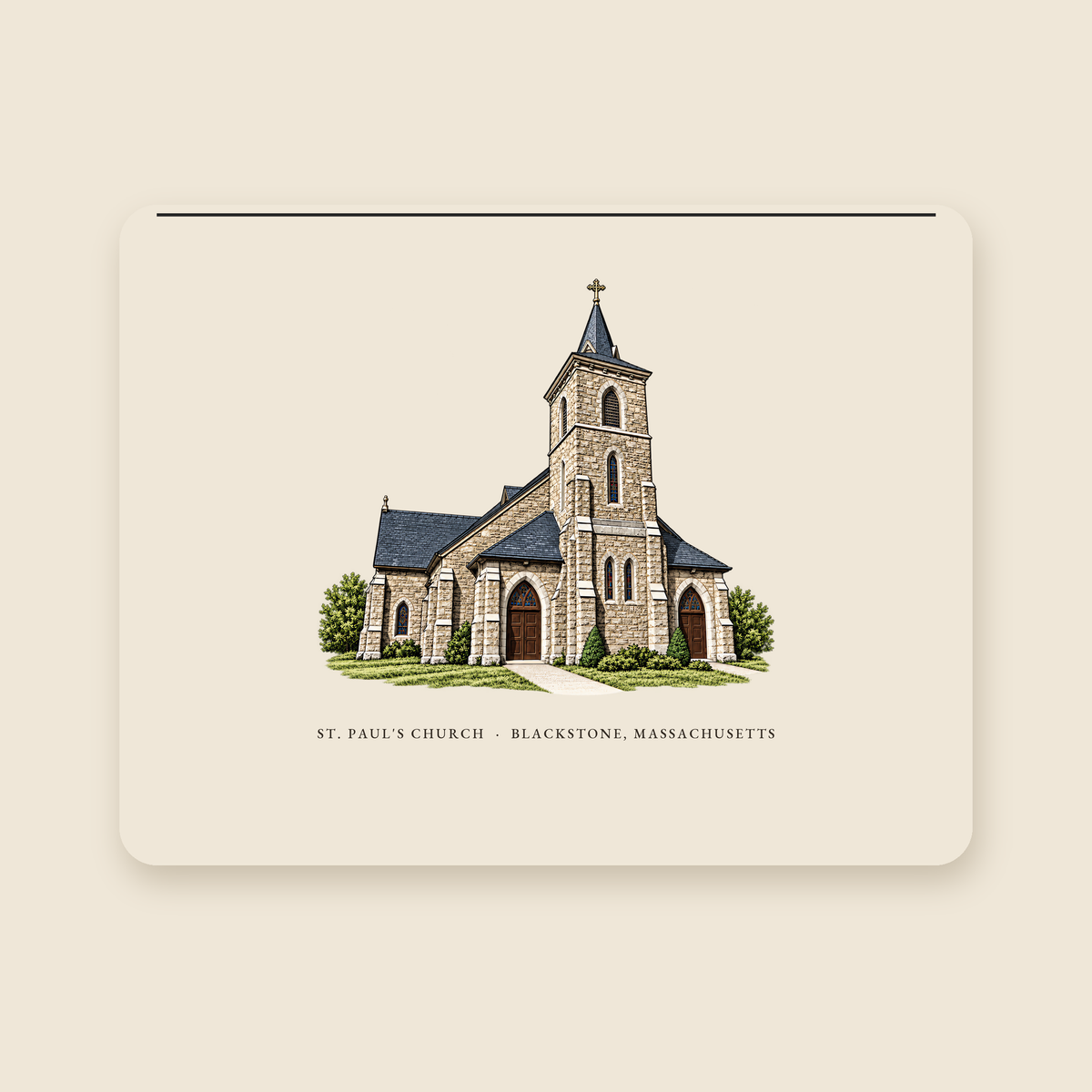Blackstone St. Paul's Church illustrated laptop sleeve with the caption ST. PAUL'S CHURCH · BLACKSTONE, MASSACHUSETTS, shown on a cream background