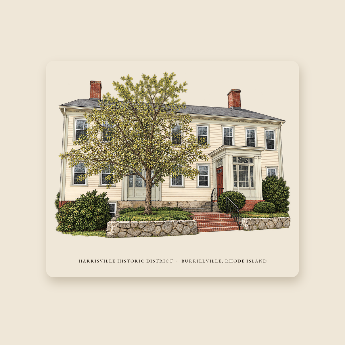 Burrillville Harrisville Historic District illustrated mouse pad with the caption HARRISVILLE HISTORIC DISTRICT · BURRILLVILLE, RHODE ISLAND, shown on a cream background