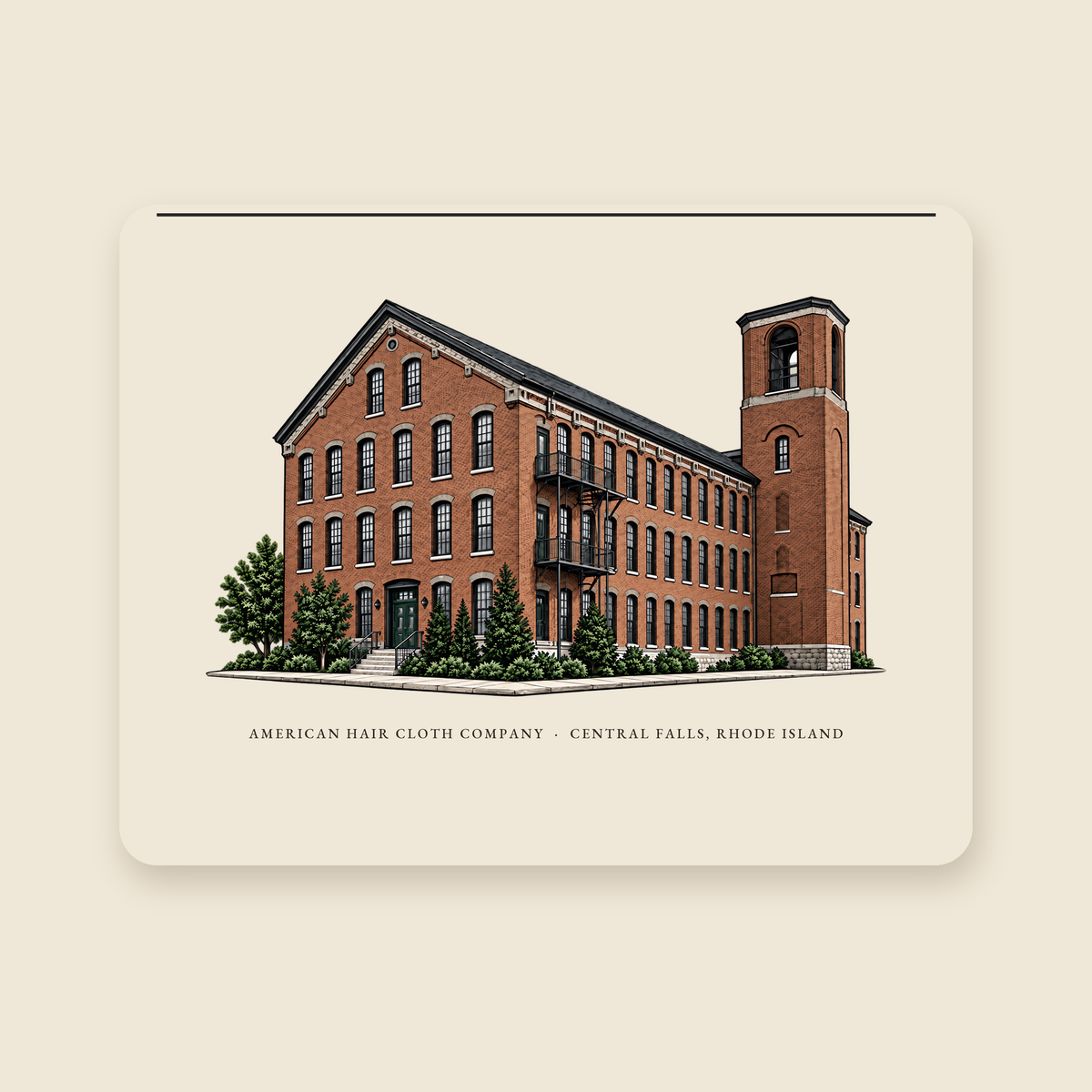 Central Falls American Hair Cloth Company illustrated laptop sleeve with the caption AMERICAN HAIR CLOTH COMPANY · CENTRAL FALLS, RHODE ISLAND, shown on a cream background