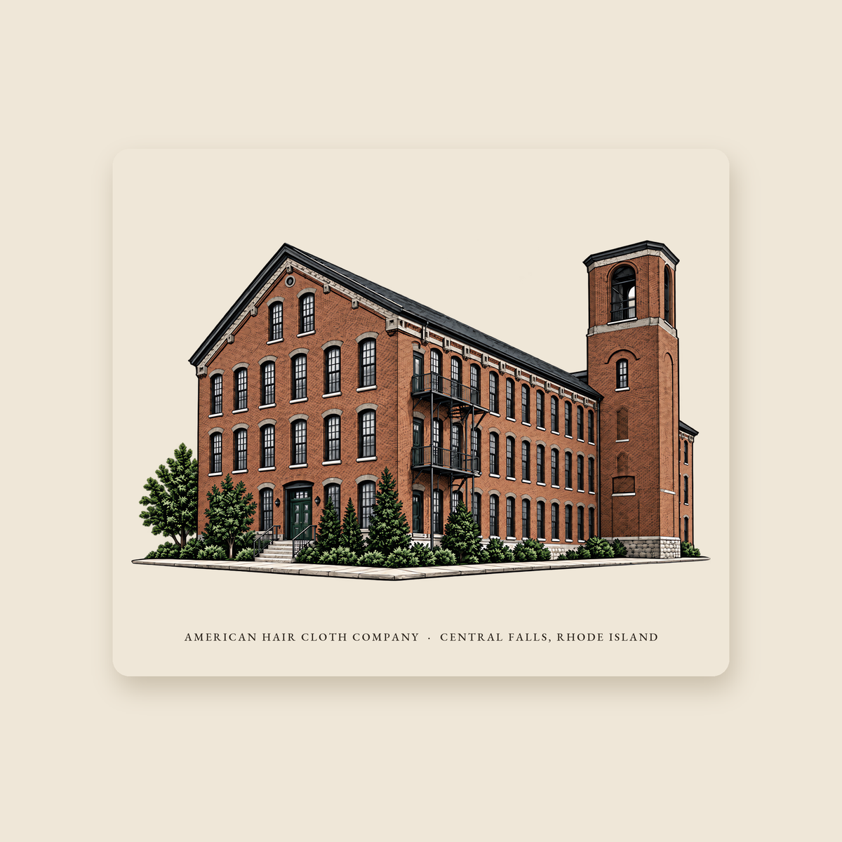 Central Falls American Hair Cloth Company illustrated mouse pad with the caption AMERICAN HAIR CLOTH COMPANY · CENTRAL FALLS, RHODE ISLAND, shown on a cream background