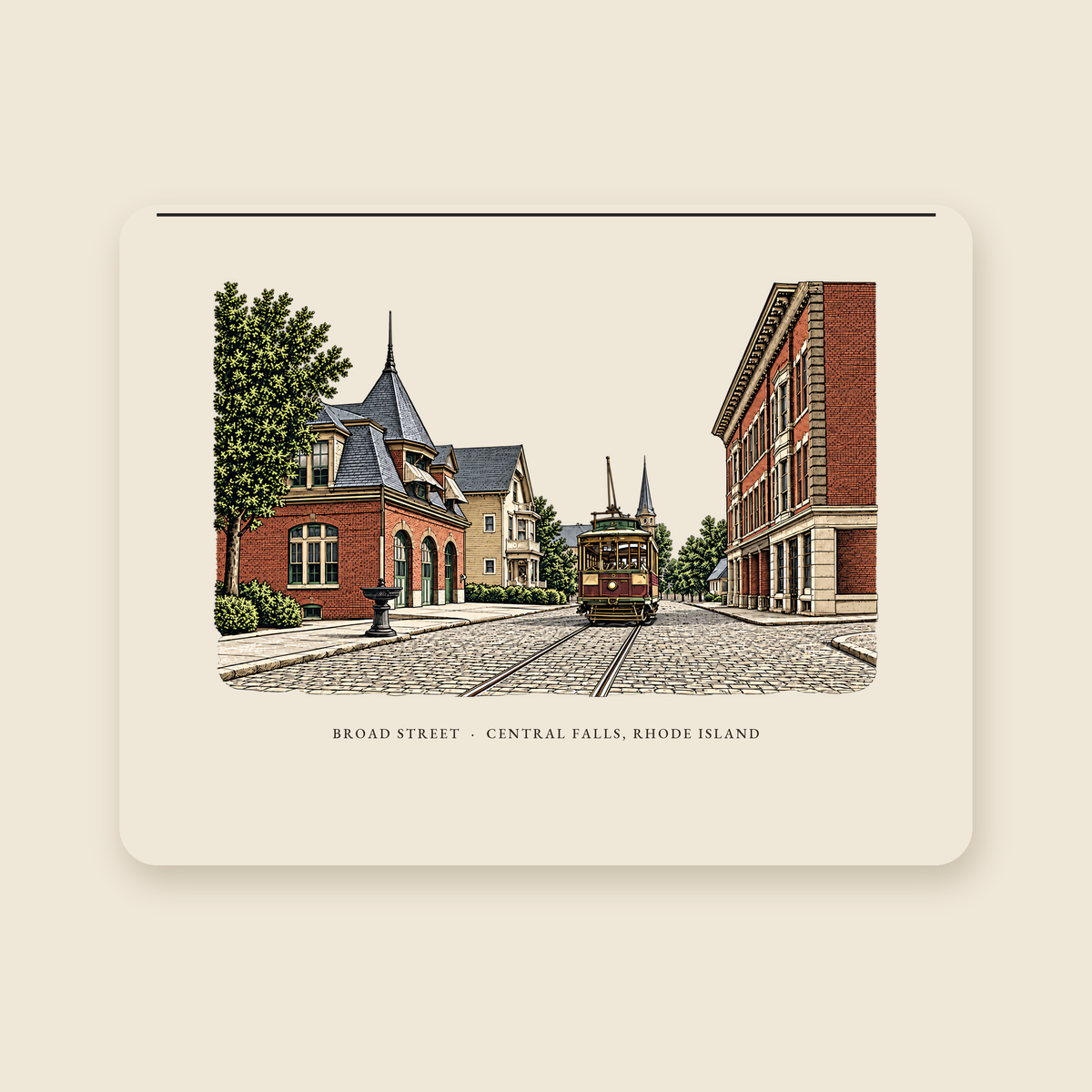 Central Falls Broad Street illustrated laptop sleeve with the caption BROAD STREET · CENTRAL FALLS, RHODE ISLAND, shown on a cream background