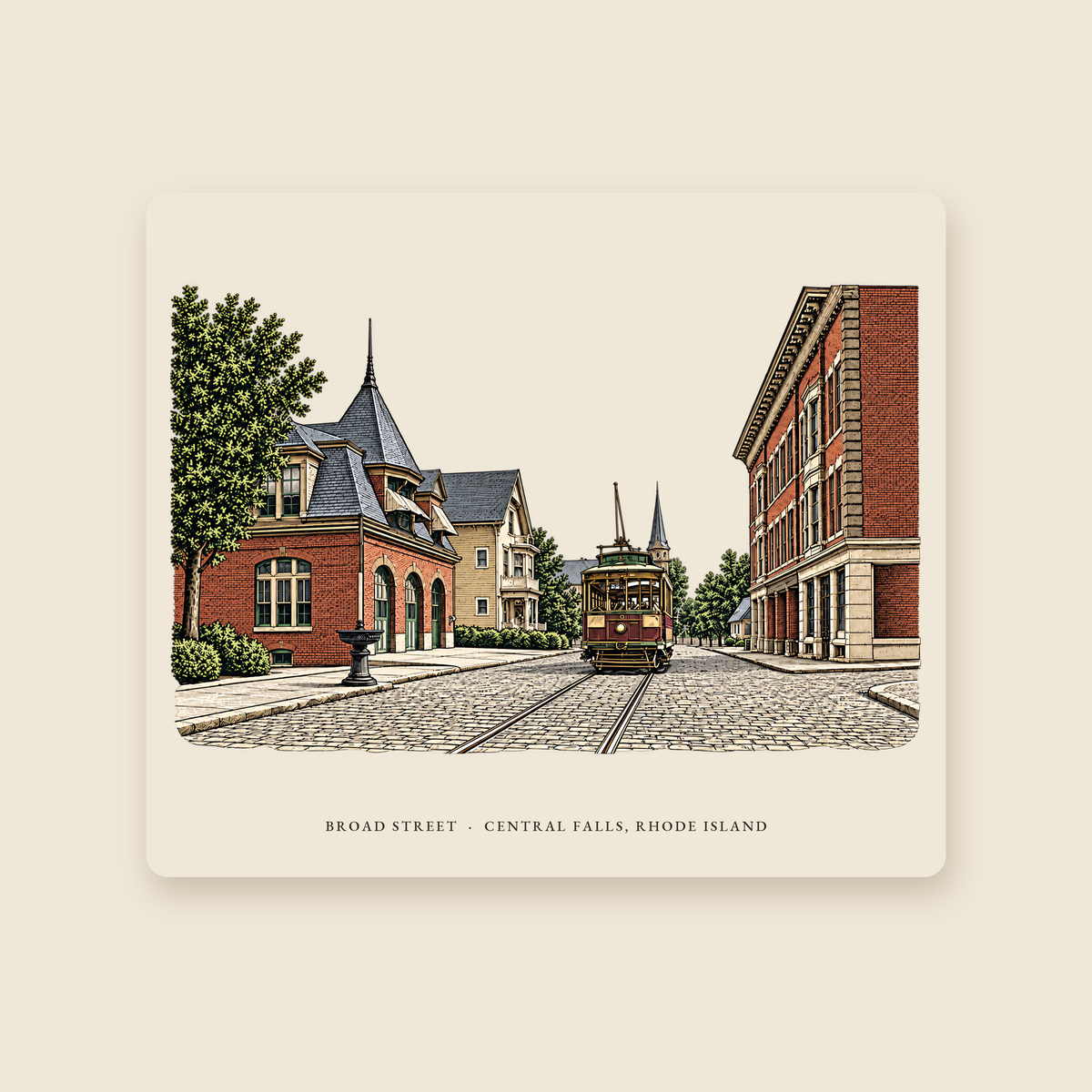 Central Falls Broad Street illustrated mouse pad with the caption BROAD STREET · CENTRAL FALLS, RHODE ISLAND, shown on a cream background